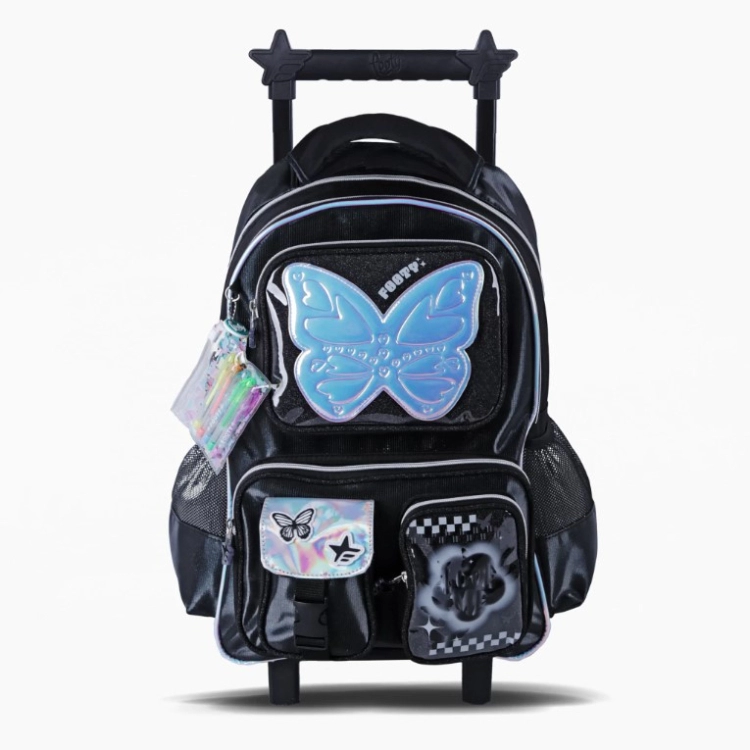 Mochila Escolar Footy 2026 Glow Fly Negra 18" con carro Art.F26341